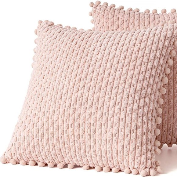 Pompom Pink Stripe Texture Corduroy Farmhouse Cute Luxury Soft Pillow Cover Set - Picture 5 of 7